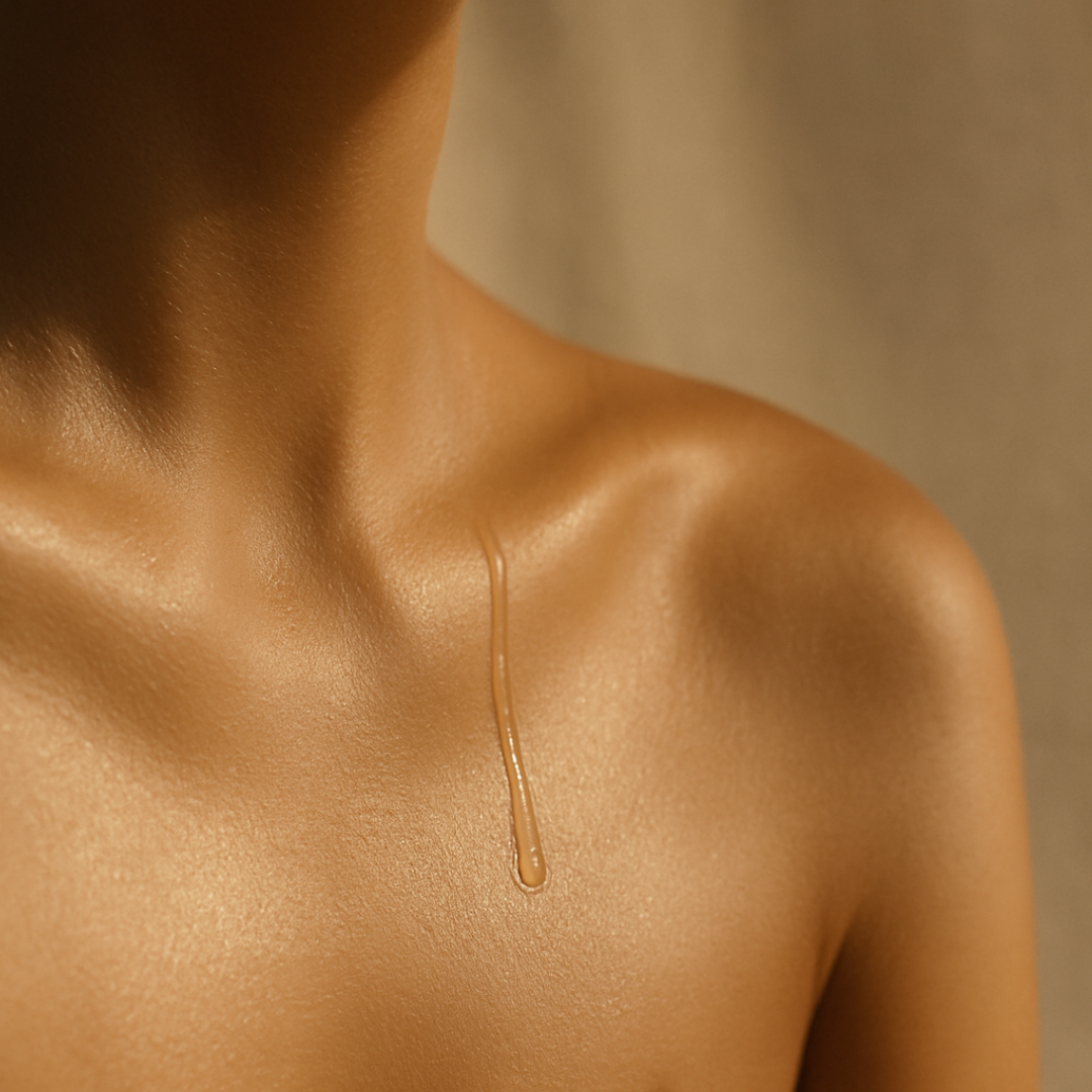 Aceite corporal Caggia Bunny Babe 2x1 deslizándose sobre piel